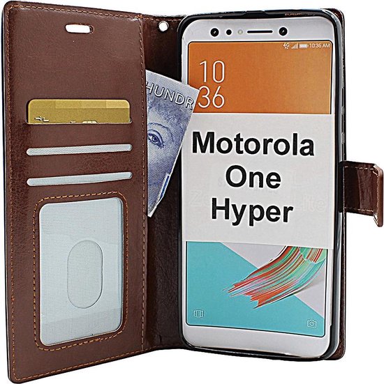 Portemonnee Book Case Hoesje + 2x Screenprotector Geschikt voor: Motorola One Hyper Bruin
