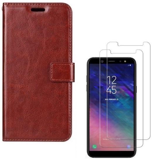 Samsung Galaxy A6 2018 Hoesjes – Portemonnee Hoes – Pasjeshouder – 2x Gehard Glas Screenprotector – Bruin-Ilumina Benelux