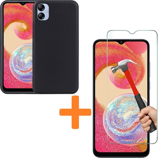 Silicone hoesje zwart met 2 Pack Screenprotector Glas Geschikt voor: Samsung Galaxy A04e
