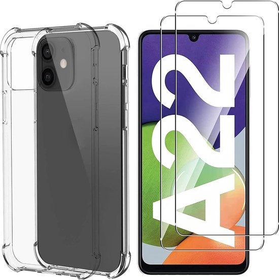 Anti-Shock silicone hoesje met 2 Pack Screenprotector Glas Geschikt voor: Samsung Galaxy A22 4G
