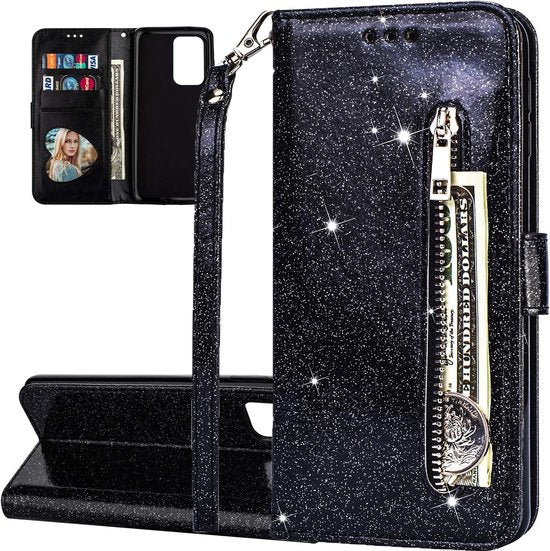 OPPO F19 Pro Plus 5G Hoesjes – Glitter Portemonnee Hoes – Rits & Koord – Pasjeshouder – Zwart-Ilumina Benelux