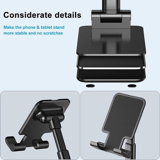 Telefoonhouder bureau – Verstelbare tafelstandaard – Opvouwbaar – Voor smartphone, iPad Mini & Kindle – Zwart
