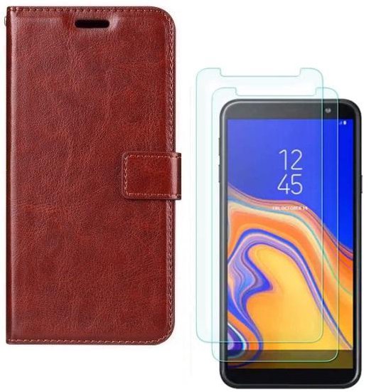 Samsung Galaxy J6 Plus 2018 Hoesjes – Portemonnee Hoes – Pasjeshouder – Magneetsluiting – Bruin + 2x Gehard Glas Screenprotector-Ilumina Benelux