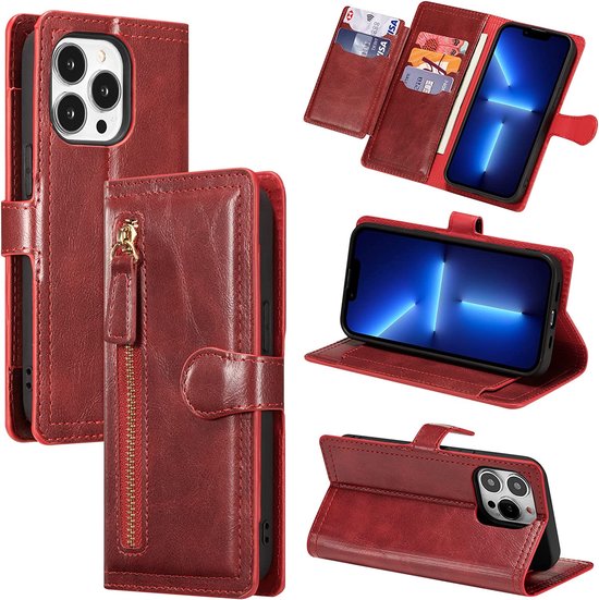 iPhone 13 Pro Max Hoesjes – Vintage Portemonnee Hoes – Pasjeshouder – Magneetsluiting – Rood-Ilumina Benelux
