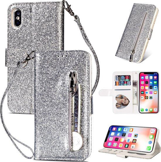 iPhone X / XS Hoesjes – Glitter Portemonnee Hoes – Rits & Koord – Zilver-Ilumina Benelux