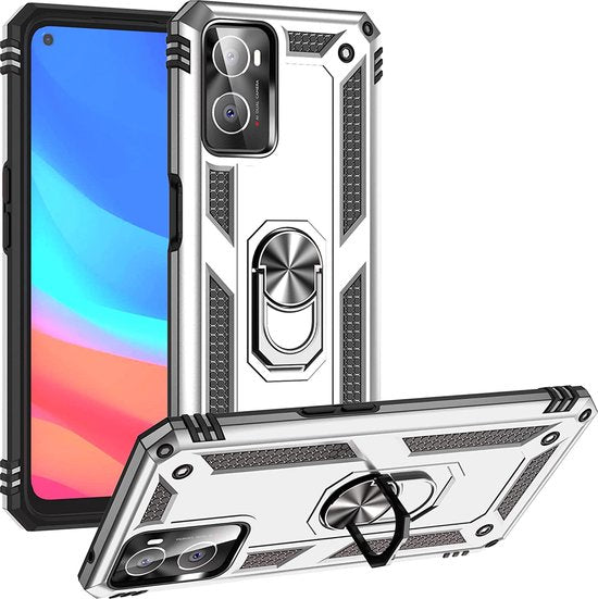 Oppo A76 Hoesjes – Hybride Ring Armor Backcover – Schokbestendig – Anti-Shock – Zilver-Ilumina Benelux