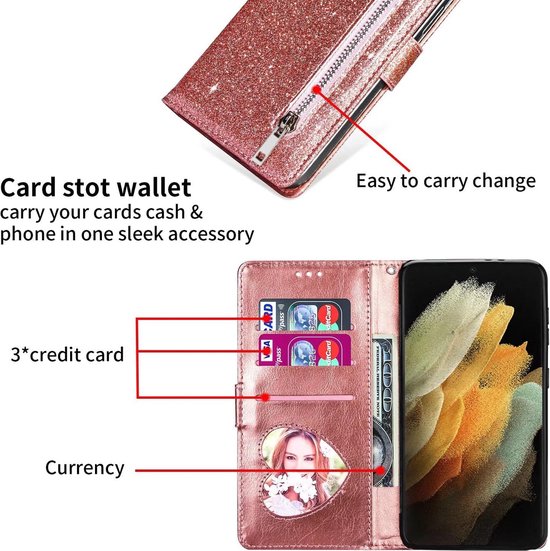 Samsung Galaxy S22 Plus Hoesjes – Glitter Portemonnee Case – Rits & Koord – Pasjeshouder – Roségoud-Ilumina Benelux