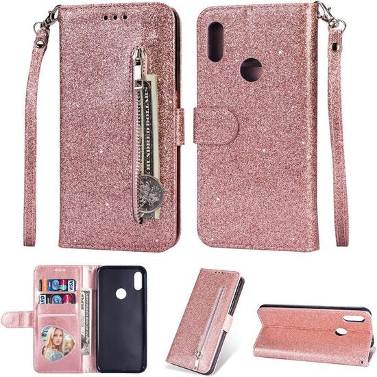 Glitter Wallet Case Geschikt voor: Samsung Galaxy M11 Hoesje met Rits, Koord en Pasjeshouder - Roségoud