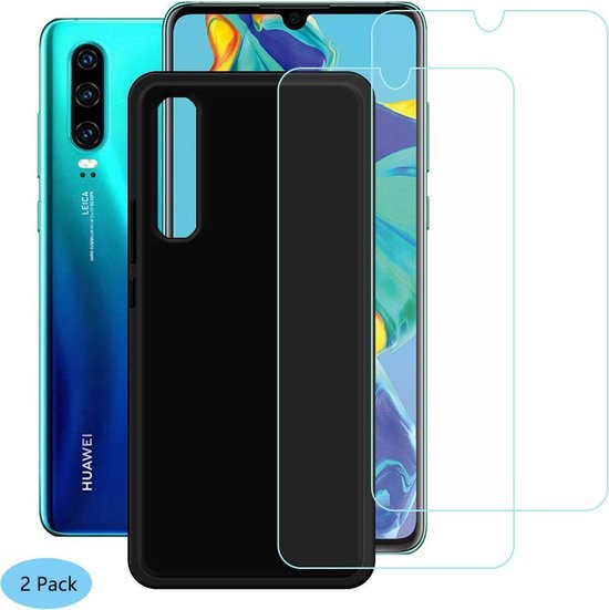 Huawei P30 Hoesjes – TPU Siliconen Backcover – Soft Case – 2x Gehard Glas Screenprotector – Zwart-Ilumina Benelux