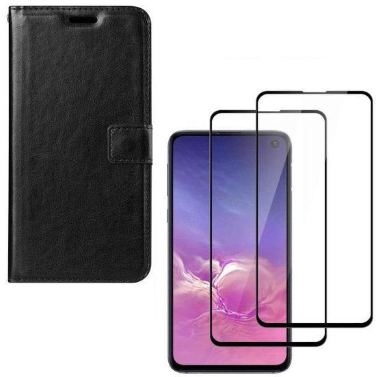 Samsung Galaxy S10e Hoesjes – Bookcase Portemonnee – Magneetsluiting – 2x Gehard Glas Screenprotector – Zwart-Ilumina Benelux