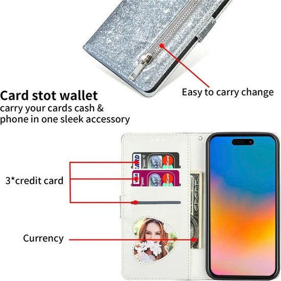 iPhone 15 Plus Hoesjes – Glitter Portemonnee Case – Rits – Koord – Pasjeshouder – Zilver-Ilumina Benelux