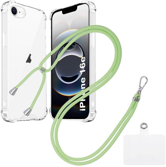 iPhone 16E Hoesjes – Transparante Backcover – Schokbestendig – Nekkoord Koord – Groen-Ilumina Benelux
