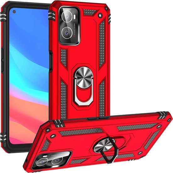 Oppo A76 Hoesjes – Anti-Shock Hybride Ring Armor Backcover – Schokbestendig – Rood-Ilumina Benelux
