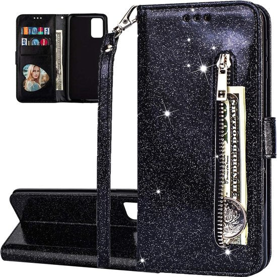 Oppo A74 5G Hoesjes – Glitter Portemonnee Hoes – Rits & Koord – Pasjeshouder – Zwart-Ilumina Benelux