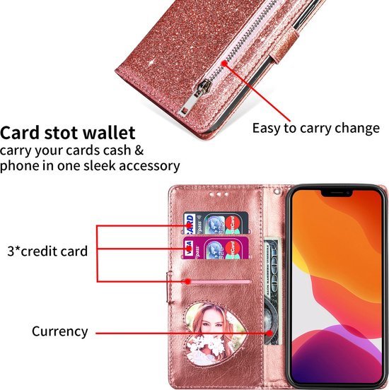 iPhone 14 Pro Hoesjes – Glitter Portemonnee Hoes – Rits & Koord – Pasjeshouder – Roségoud-Ilumina Benelux