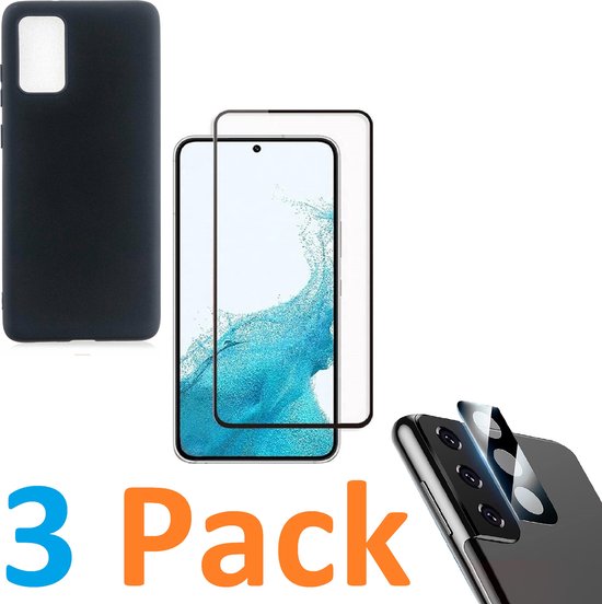 Soft TPU Siliconen Hoesje Back Cover zwart + Full Screenprotector + Camera lens zwart Geschikt voor :Samsung Galaxy S22 Plus