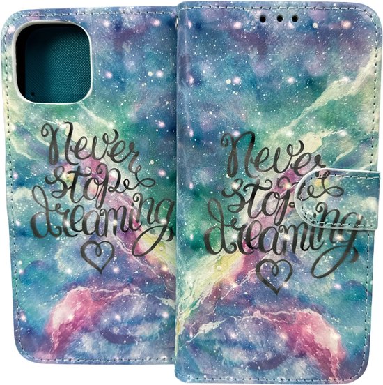 iPhone 14 Hoesjes – Portemonnee Book Case – Pasjeshouder – Magneetsluiting – Never Stop Dreaming Print-Ilumina Benelux