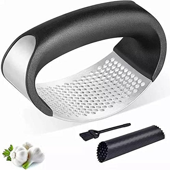 Knoflookpers Set – RVS Knoflook- & Gemberpers – Inclusief Siliconen Knoflookpeller – Reinigingsborstel – Zilver-Knoflookpers-Ilumina Benelux
