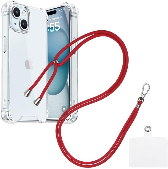 iPhone 15 Plus Hoesjes – Transparante Backcover – Schokbestendig – Nekkoord Koord – Rood-Ilumina Benelux