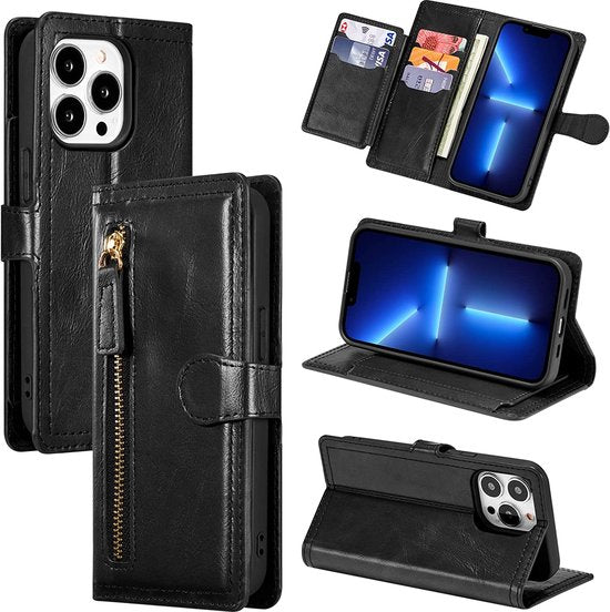 iPhone 14 Pro Max Hoesjes – Vintage Portemonnee Hoes – Pasjeshouder – Magneetsluiting – Zwart