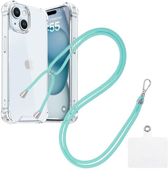 iPhone 15 Plus Hoesjes – Transparante Backcover – Schokbestendig – Nekkoord Koord – Mint-Ilumina Benelux
