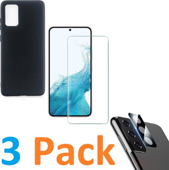 Soft TPU Siliconen Hoesje Back Cover + Screen Protector + Camera lens zwart Geschikt voor :Samsung Galaxy S22 Plus