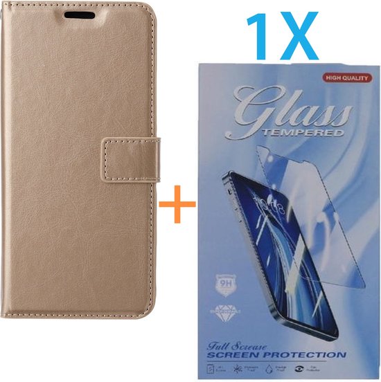 iPhone 15 Pro Hoesjes – Portemonnee Hoes – Pasjeshouder – Inclusief Tempered Glass Screenprotector – Goud-Ilumina Benelux