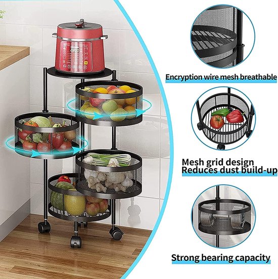 Keuken opbergrek – 5-laags draaibare fruit- en groentemand – Met wielen – Metalen opslagmand 180° – Zwart-Kast-Ilumina Benelux