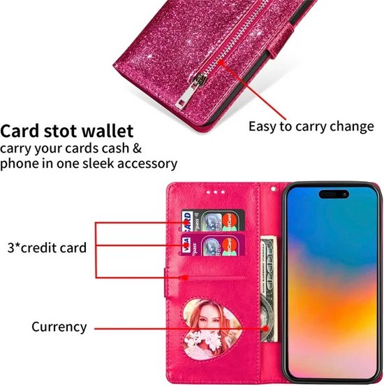 iPhone 15 Plus Hoesjes – Glitter Wallet Case – Rits – Koord & Pasjeshouder – Roze-Ilumina Benelux