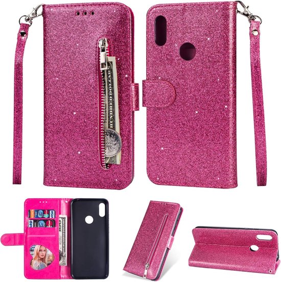 Samsung Galaxy A20s Hoesjes – Glitter Portemonneehoes – Rits & Koord – Pasjeshouder – Roze-Ilumina Benelux
