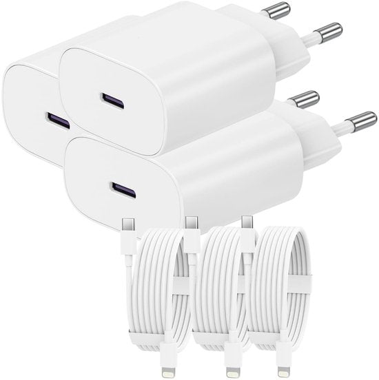 USB-C Oplader – Geschikt voor iPhone 14/13/12/11/XR/XS – 25W Snellader 3-Pack + 2m Kabel – Wit