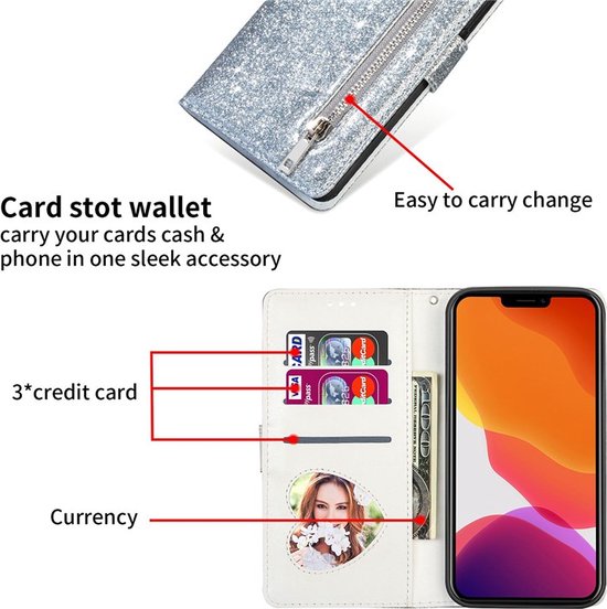 iPhone 14 Plus Hoesjes – Glitter Portemonnee Hoes – Rits & Koord – Pasjeshouder – Zilver-Ilumina Benelux