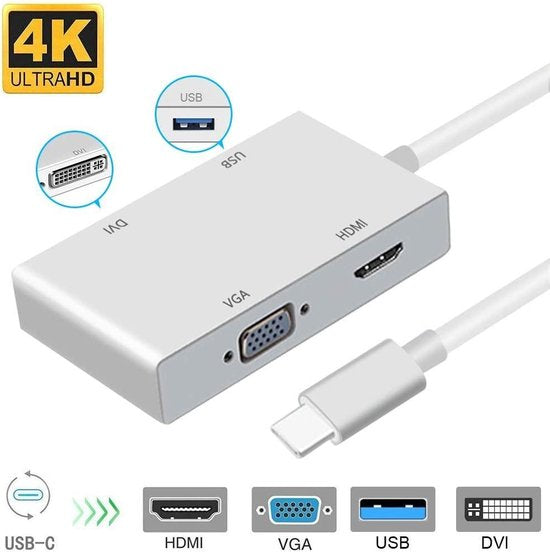 USB-C naar HDMI VGA DVI Adapter – 4K Video Converter – USB 3.1 Hub met USB 3.0 Poort – Plug & Play – Zwart-Ilumina Benelux