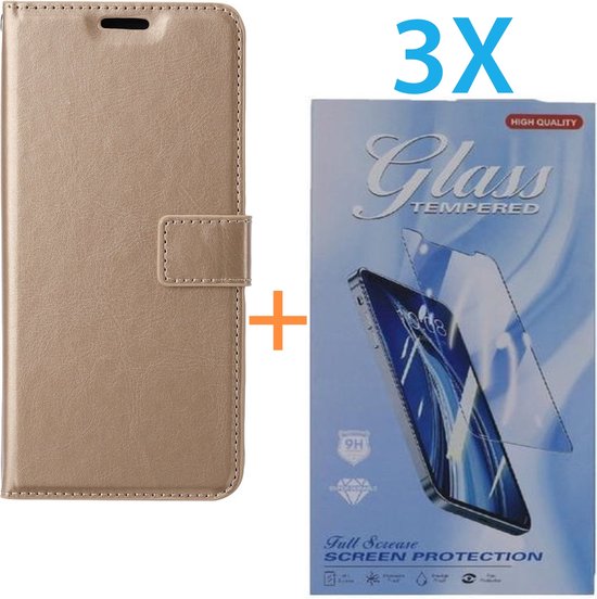 iPhone 15 Pro Hoesjes – Portemonnee Bookcase – Magneetsluiting – Goud – Incl. 3x Screenprotector Gehard Glas-Ilumina Benelux