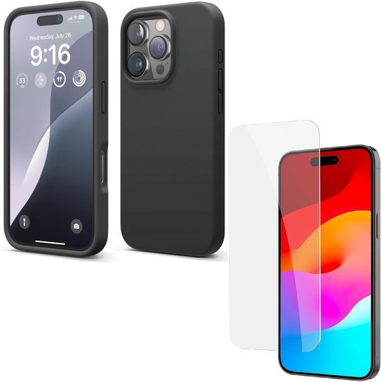 iPhone 16 Pro Max Hoesjes – Liquid Siliconen Backcover + Screenprotector – Flexibel TPU – Schokbestendig – Zwart-Ilumina Benelux
