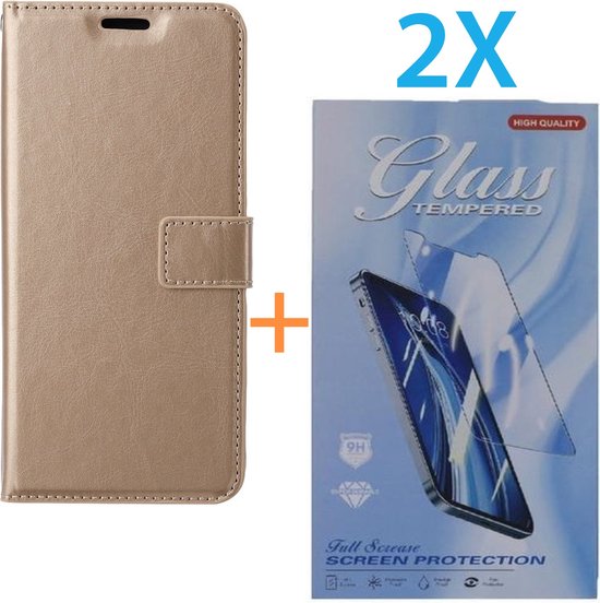 iPhone 15 Hoesjes – Portemonnee Hoes – Pasjeshouder – 2x Screenprotector Gehard Glas – Goud-Ilumina Benelux
