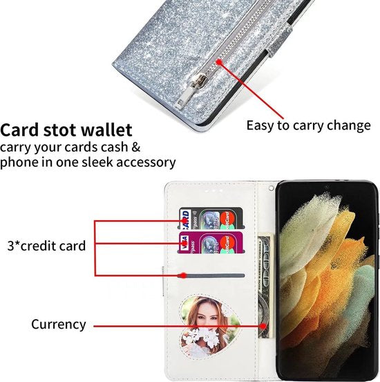 Samsung Galaxy S22 Plus Hoesjes – Glitter Portemonnee Case – Rits & Koord – Pasjeshouder – Zilver-Ilumina Benelux