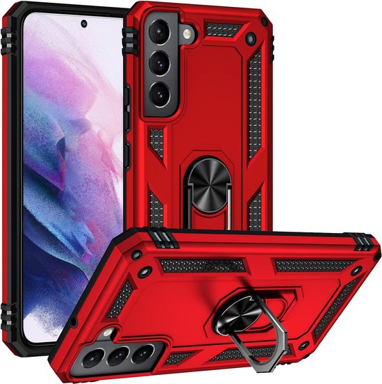 Samsung Galaxy S22 Hoesjes – Ring Armor Backcover – 360° Draaibare Standaard – Magneet – Rood-Ilumina Benelux