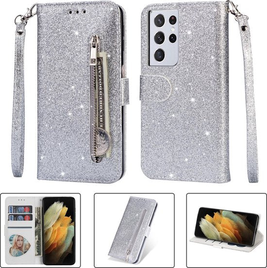 Samsung Galaxy S21 Ultra Hoesjes – Glitter Portemonneehoes – Rits & Koord – Pasjeshouder – Zilver-Ilumina Benelux