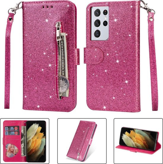 Samsung Galaxy S21 Ultra Hoesjes – Glitter Portemonnee Hoes – Rits & Koord – Roze-Ilumina Benelux