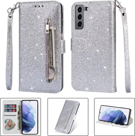 Samsung Galaxy S22 Plus Hoesjes – Glitter Portemonnee Case – Rits & Koord – Pasjeshouder – Zilver-Ilumina Benelux