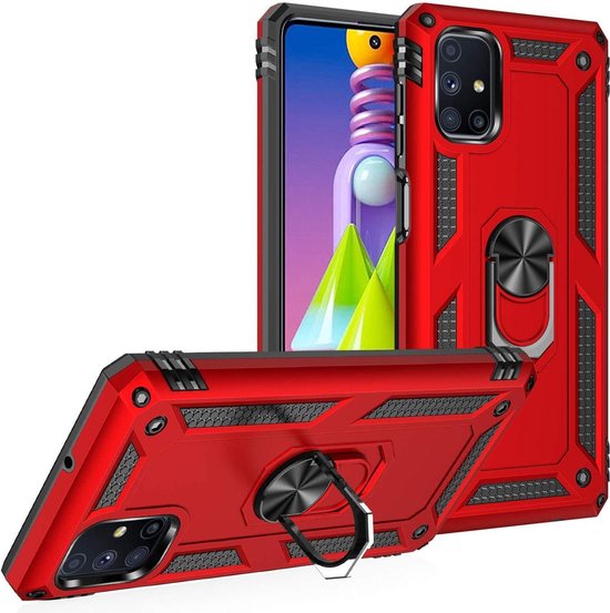 Anti-Shock Hybrid Ring Armor Hoesje Geschikt voor: Samsung Galaxy M51 - rood