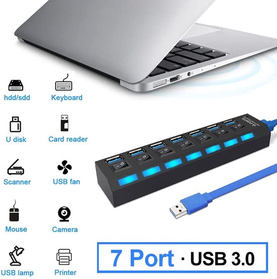 USB 3.0 Hub 7-Poorts – USB-Splitter – Aan/Uit Schakelaars – Externe Voeding Optioneel – Zwart-Ilumina Benelux