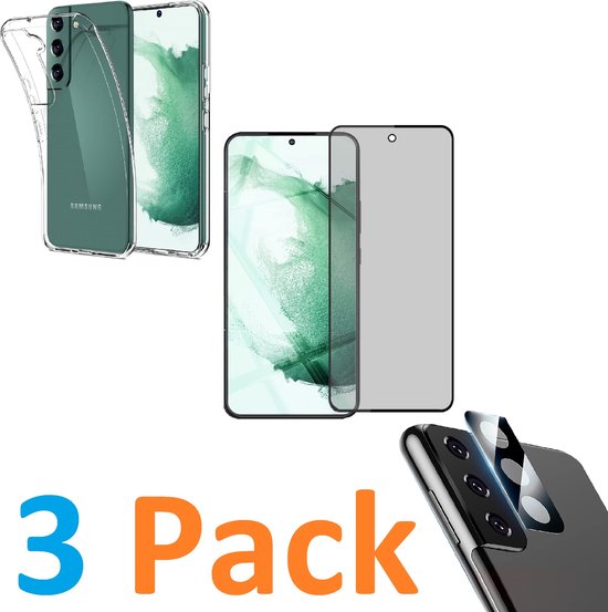 Soft TPU Siliconen Hoesje Back Cover + Privacy Screenprotector  + Camera lens zwart Geschikt voor :Samsung Galaxy S22 Plus