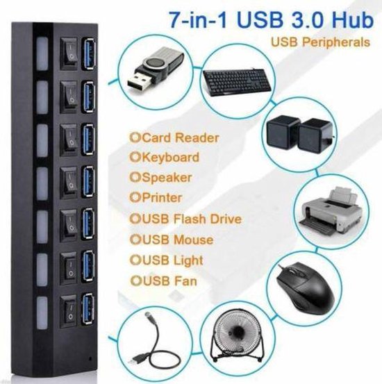 USB 3.0 Hub 7-Poorts – Met Aan/Uit Schakelaars – Powered met Indicatielampjes – 5 Gbps – Plug & Play – Zwart-Ilumina Benelux