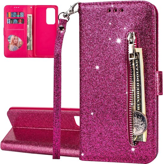 Oppo A57 5G Hoesjes – Oppo A77 5G – Glitter Portemonnee Hoes – Rits & Koord – Roze-Ilumina Benelux