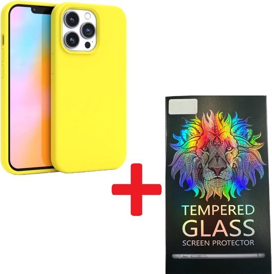iPhone 14 Pro Hoesjes – Liquid Siliconen Backcover + Screenprotector – Schokbestendig – Geel-Ilumina Benelux