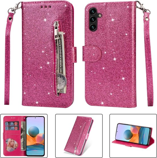 Samsung Galaxy A05s Hoesjes – Glitter Portemonnee Case met Rits – Koord – Pasjeshouder – Roze-Ilumina Benelux
