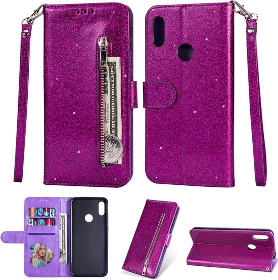 Samsung Galaxy A10s Hoesjes – Glitter Portemonneehoes – Rits & Koord – Pasjeshouder – Paars-Ilumina Benelux