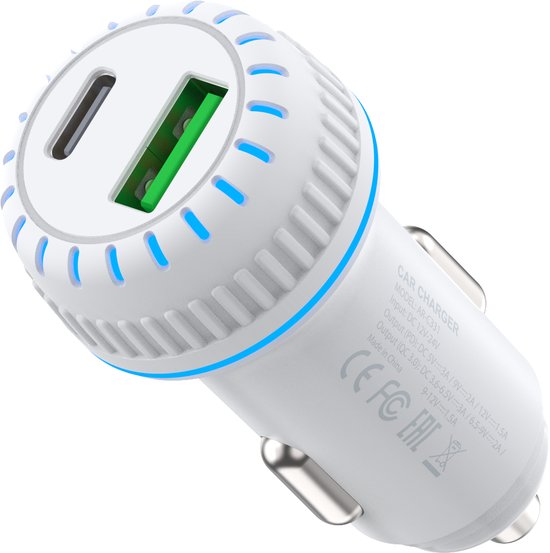 Autolader snellader – USB-C met Kabel – USB QC 3.0 + USB-C – 2 poorten-Oplader-Ilumina Benelux